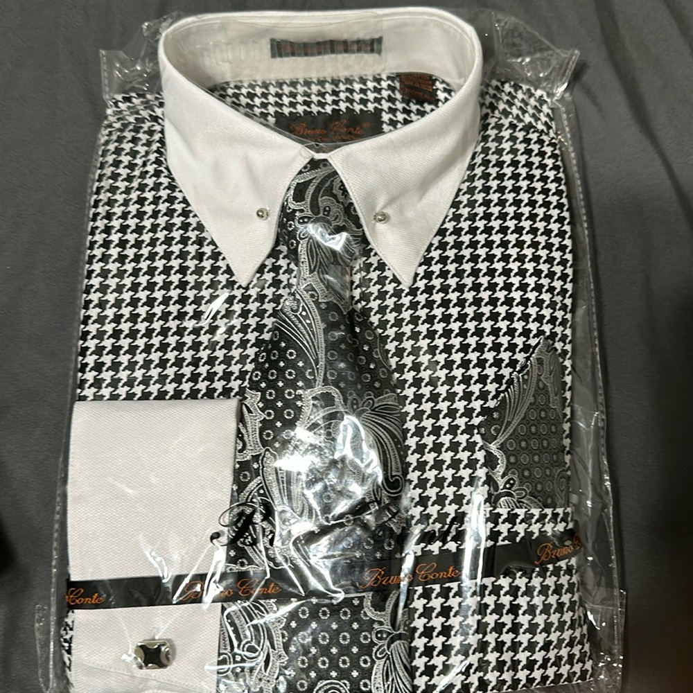 MEN'S VINTAGE STYLE MULTI-COLORED HOUNDSTOOTH DRESS SHIRT & TIE PACKAGE IN BLACK